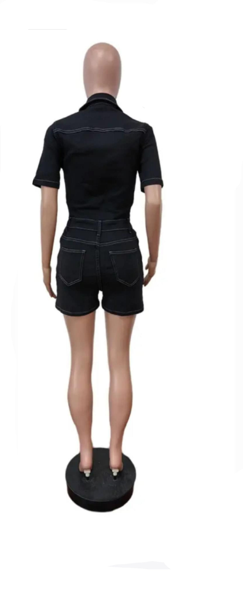 Black Denim Romper Detailed Stitching