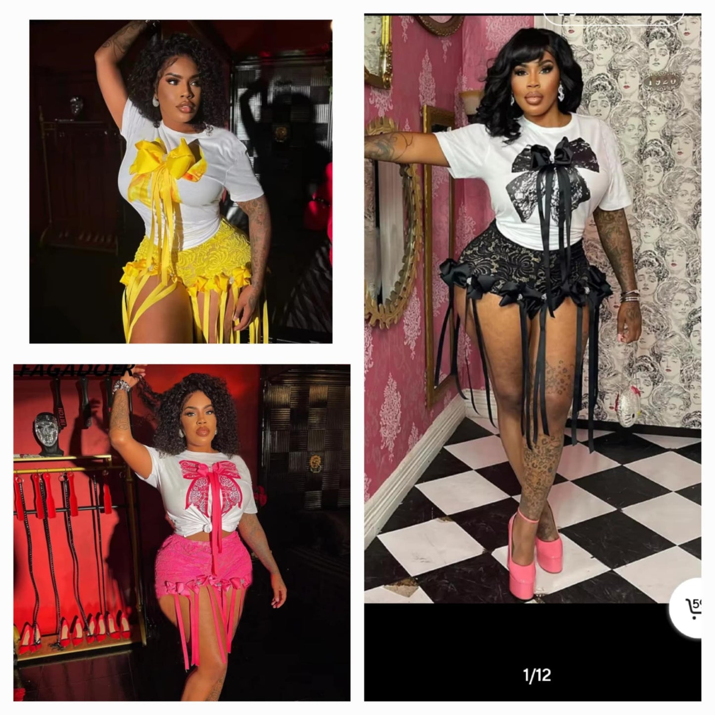 Lace Bow Skirt Set - Black.Yellow and Pink