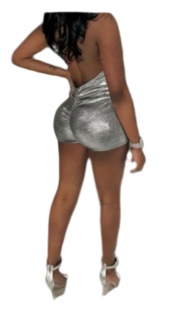 Metallic Plunge Neckline Romper - Black, Silver, champagne, burgundy