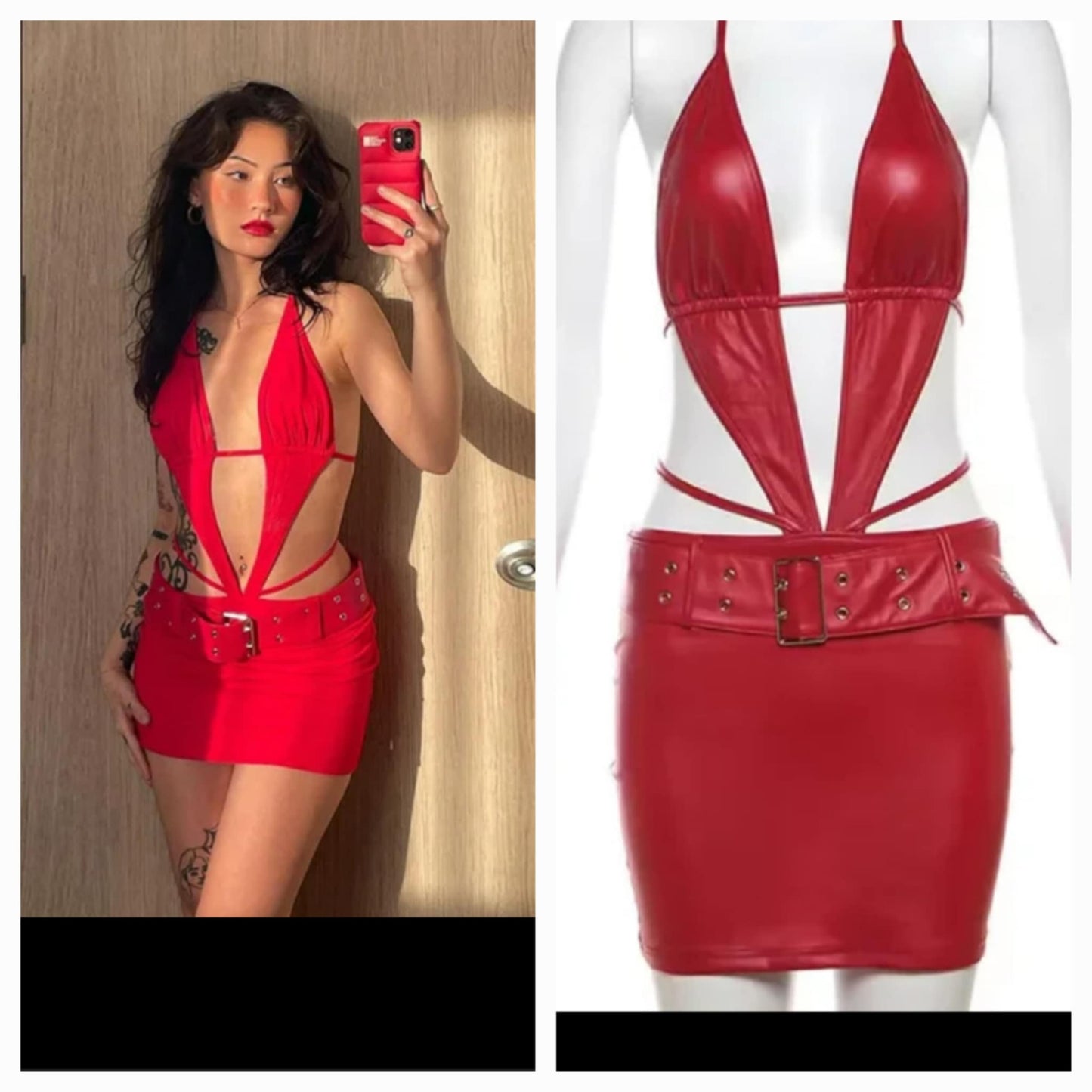 Plunge Neckline Faux Leather Dress