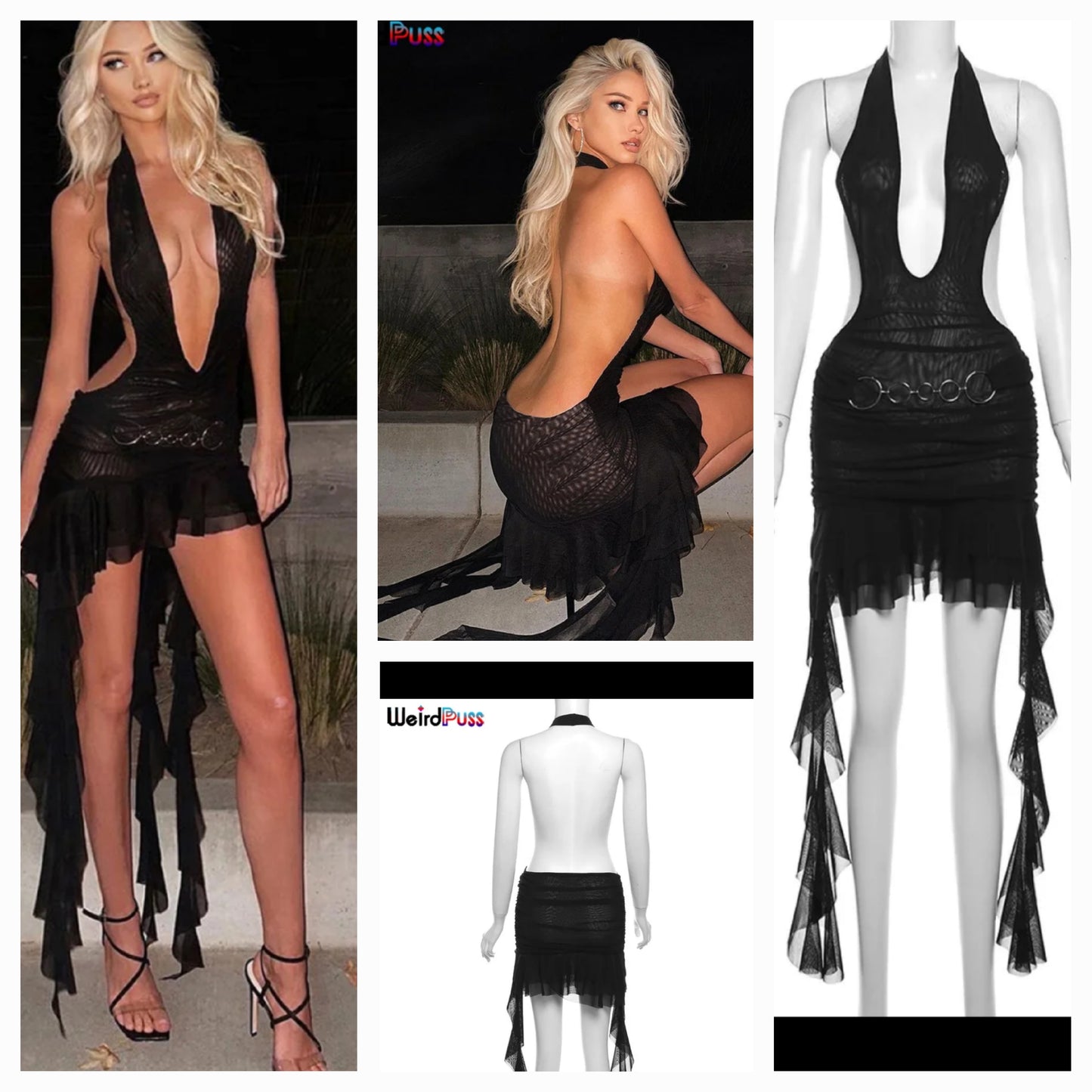 Model wearing a stylish Backout Black Dress, showcasing a deep V-neckline, perfect as a black dress for women.