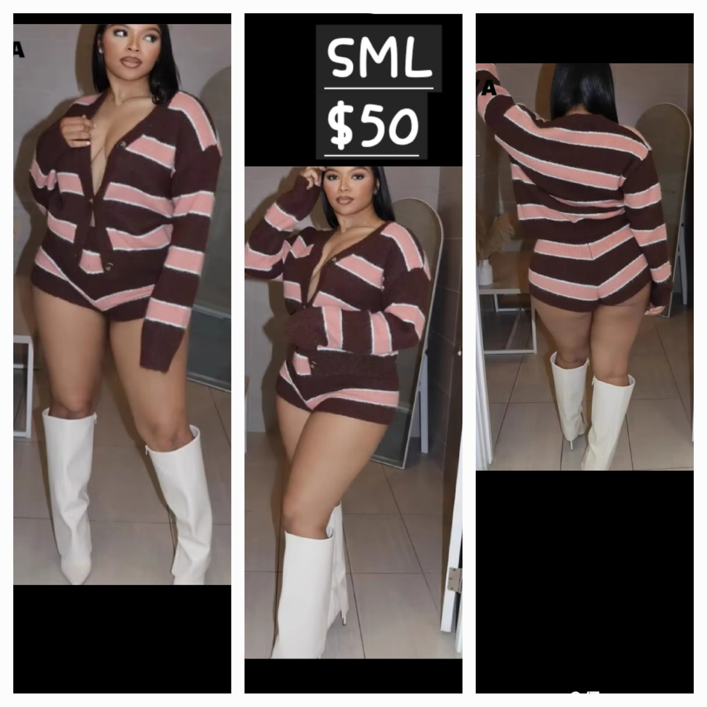 Pink Brown StripeSweater Short set