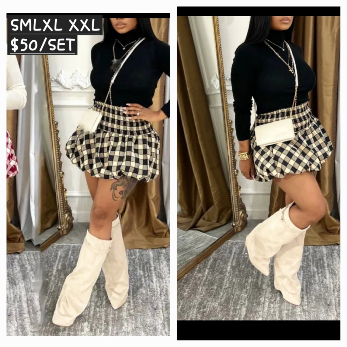 Plaid Balloon Skirt Set