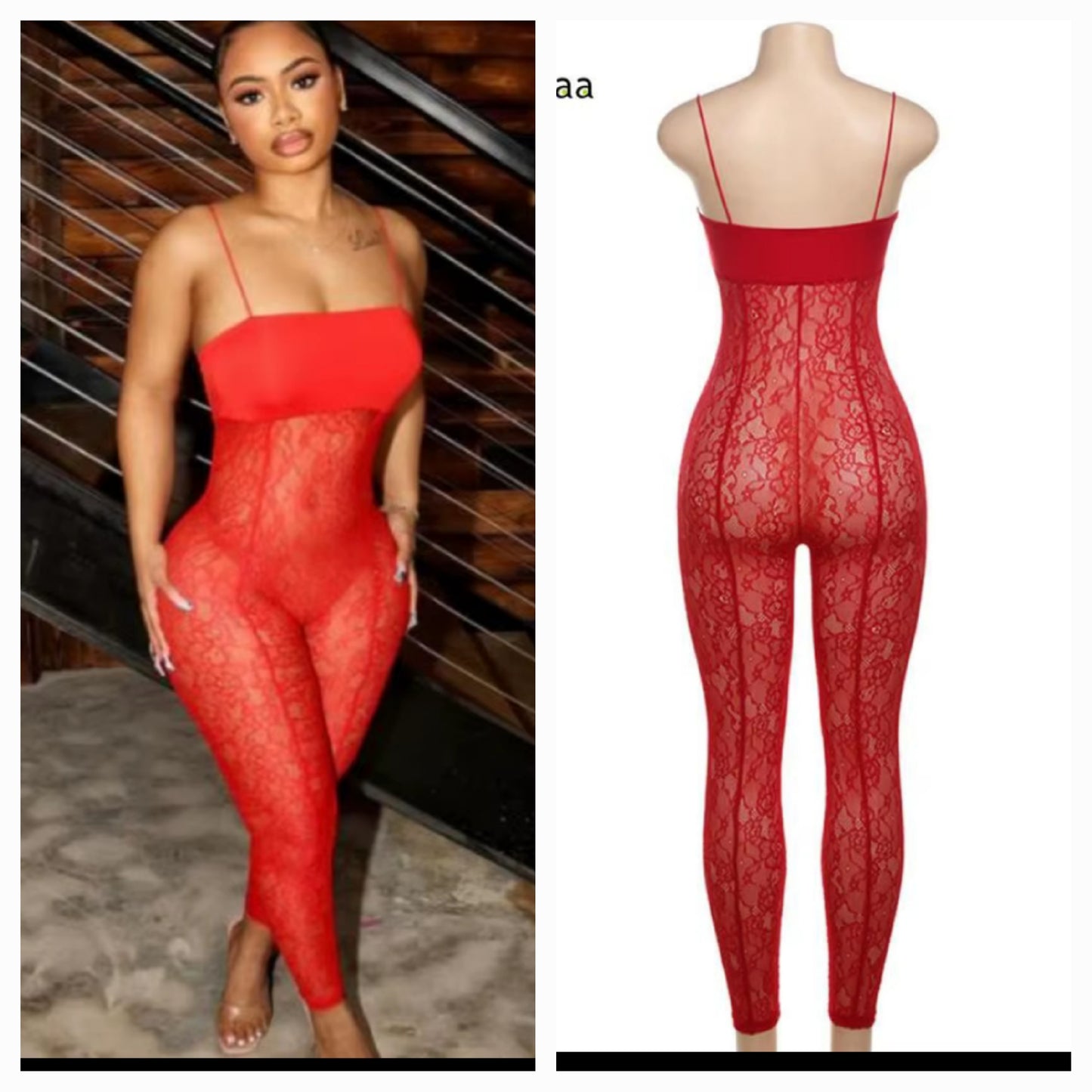 Lace Spaghetti Strap Jumpsuit in red, showcasing a stylish and elegant design with lace detailing and spaghetti straps.