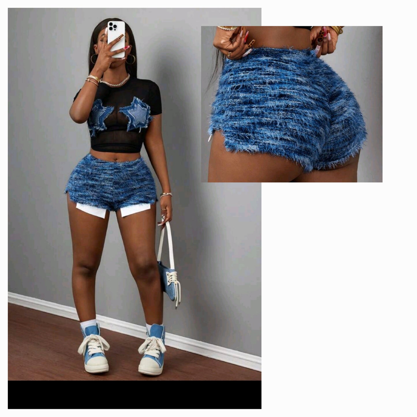 Model wearing stylish fuzzy shorts featuring a distressed look and paired with a trendy crop top.