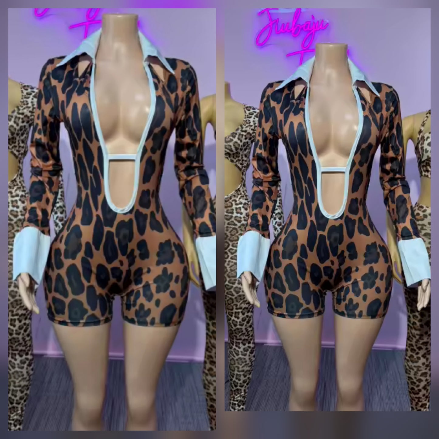 Cheetah Collar Romper white trim