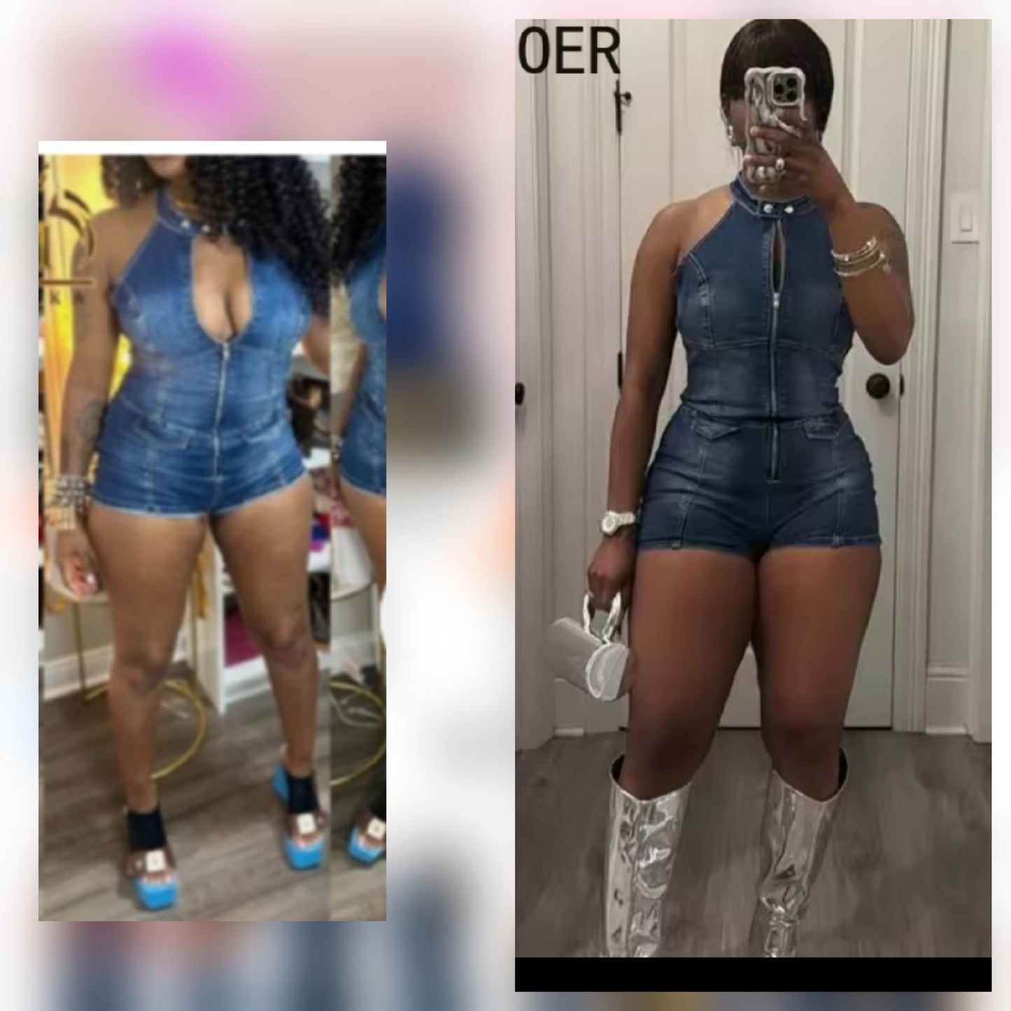 Denim Romper -Faux front pockets
