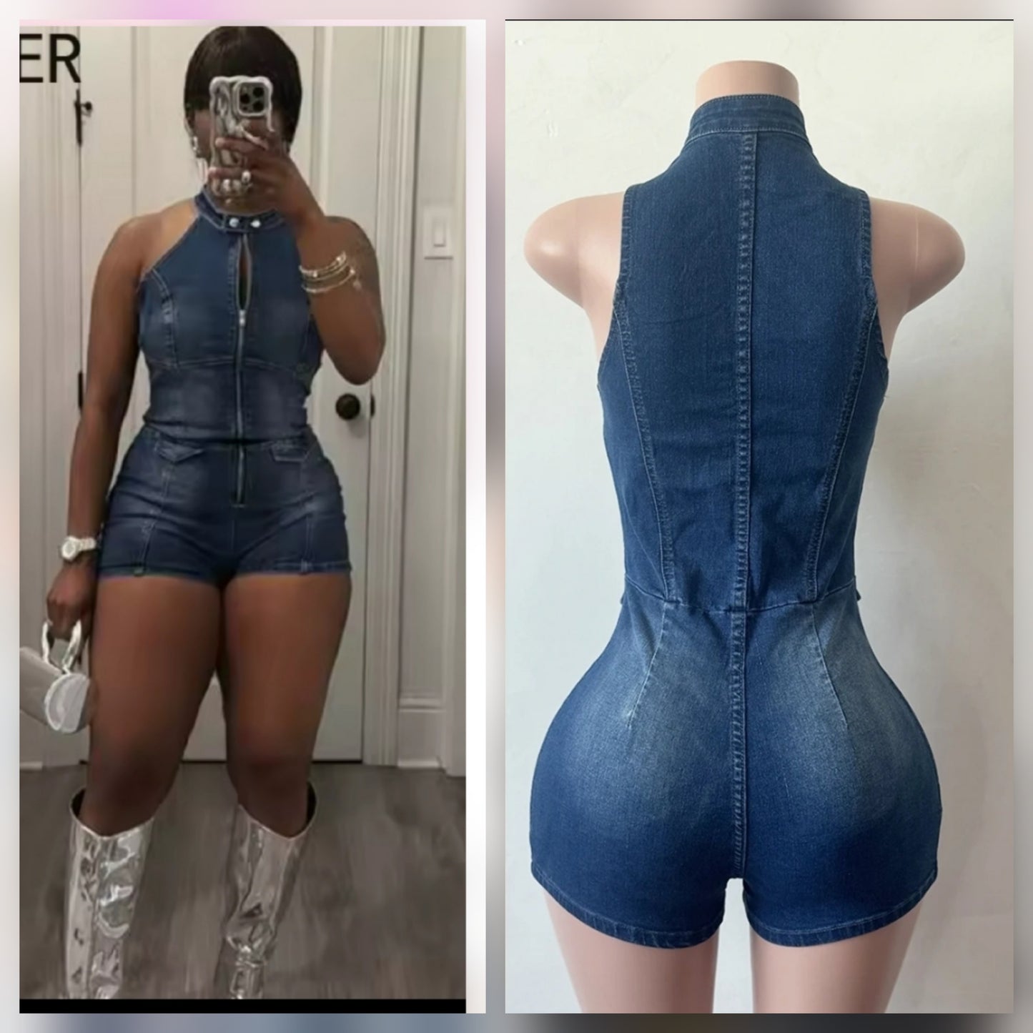 Denim Romper -Faux front pockets