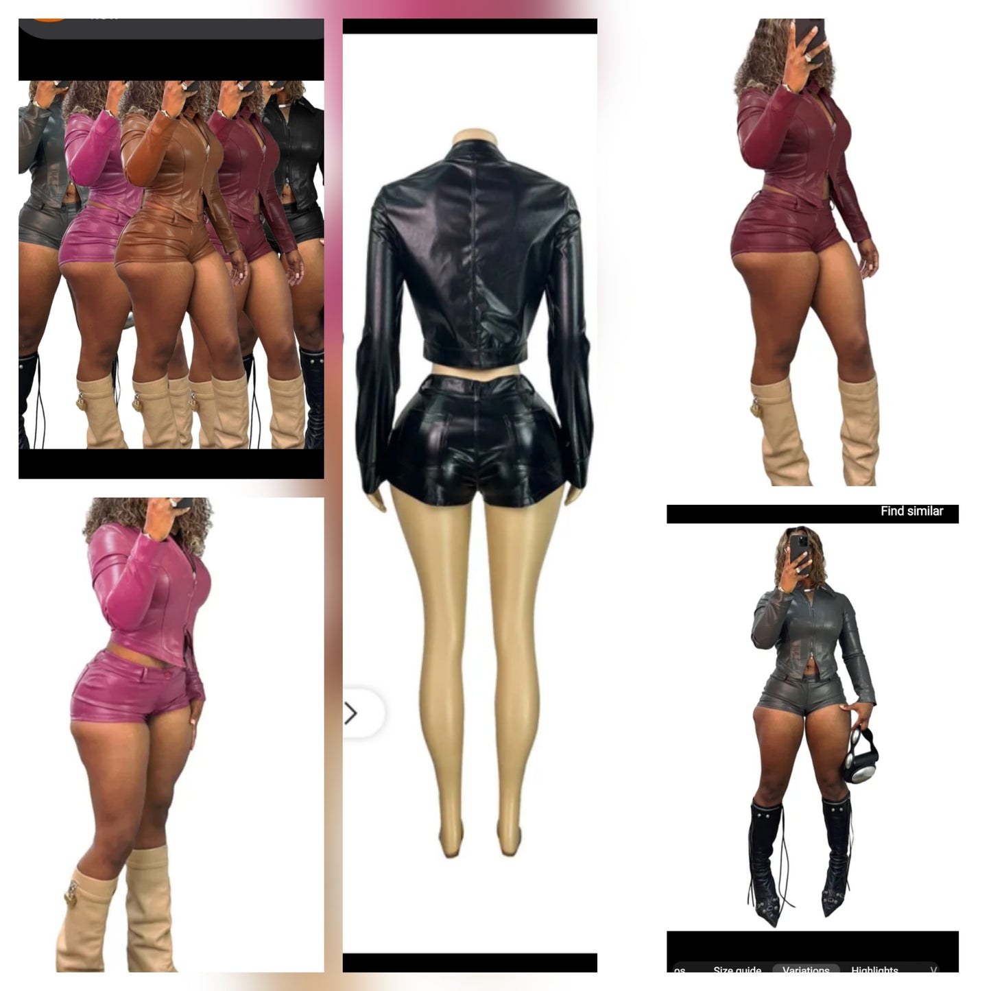 Faux Leather Short Set featuring women modeling in various colors and styles.