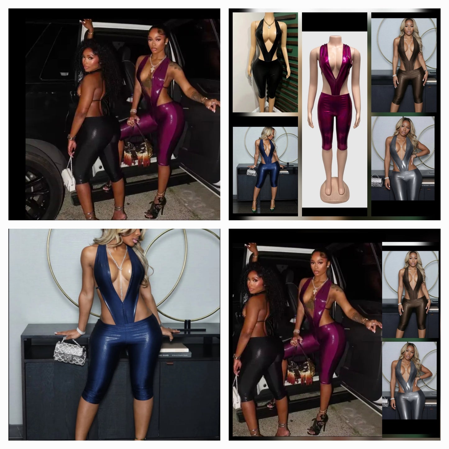 Two models showcasing a plunge metallic neckline capri jumpsuit in various colors and styles.