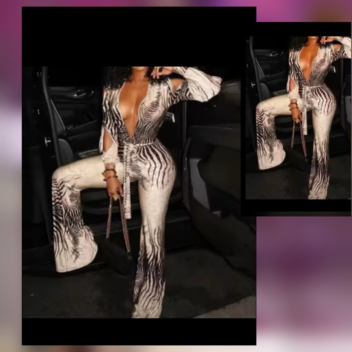 Model wearing a stylish Plice Sleeve wide leg jumpsuit with a bold zebra print pattern.