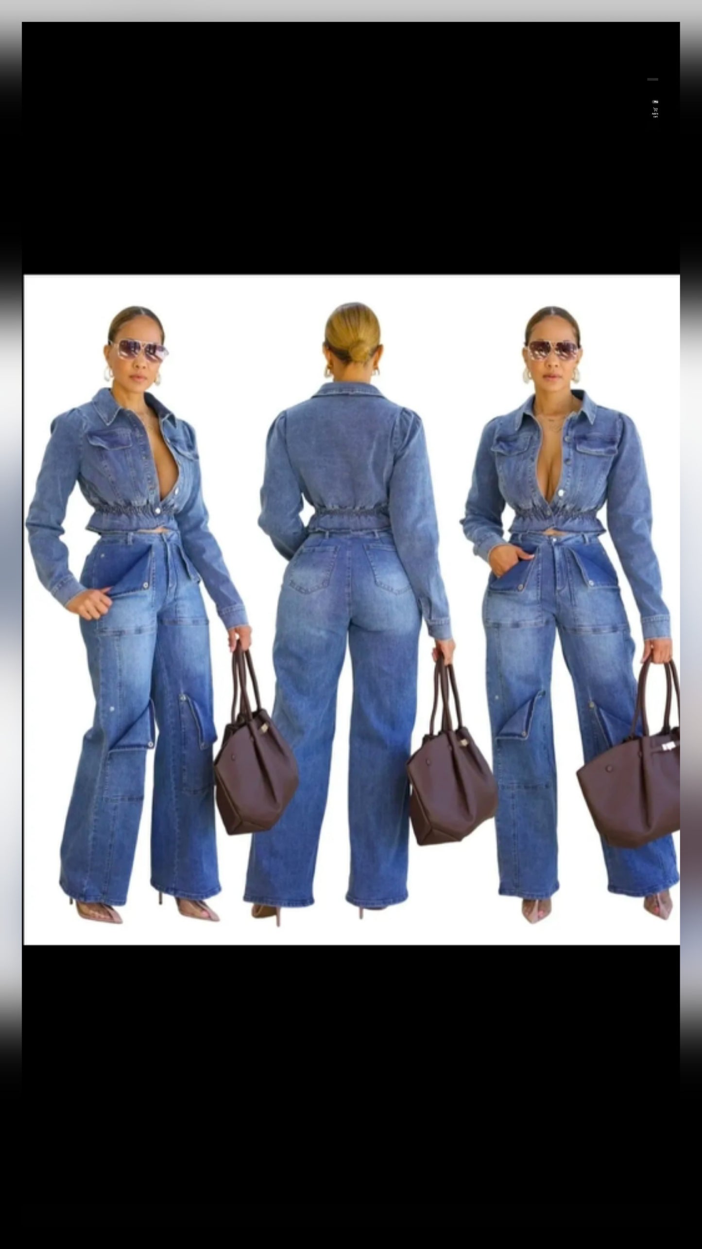 Stylish model showcasing a denim pant set outfit from multiple angles with fashionable accessories.