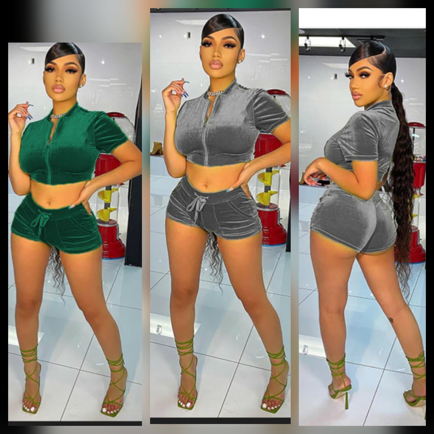 Velour Short Set featuring stylish models in green and gray, showcasing a trendy summer outfit.