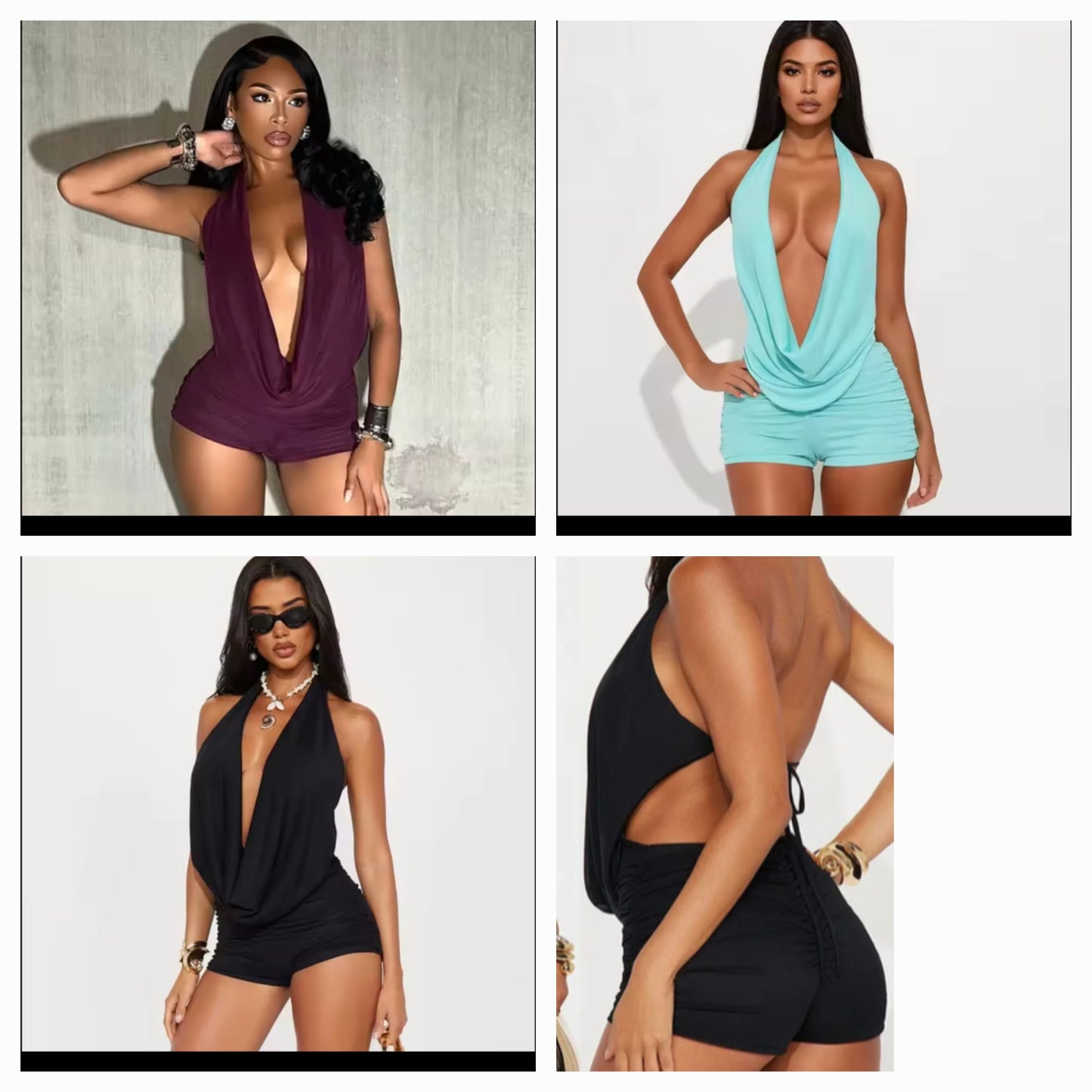 Women wearing stylish plunge neckline romper in various colors, showcasing a trendy fashion statement.