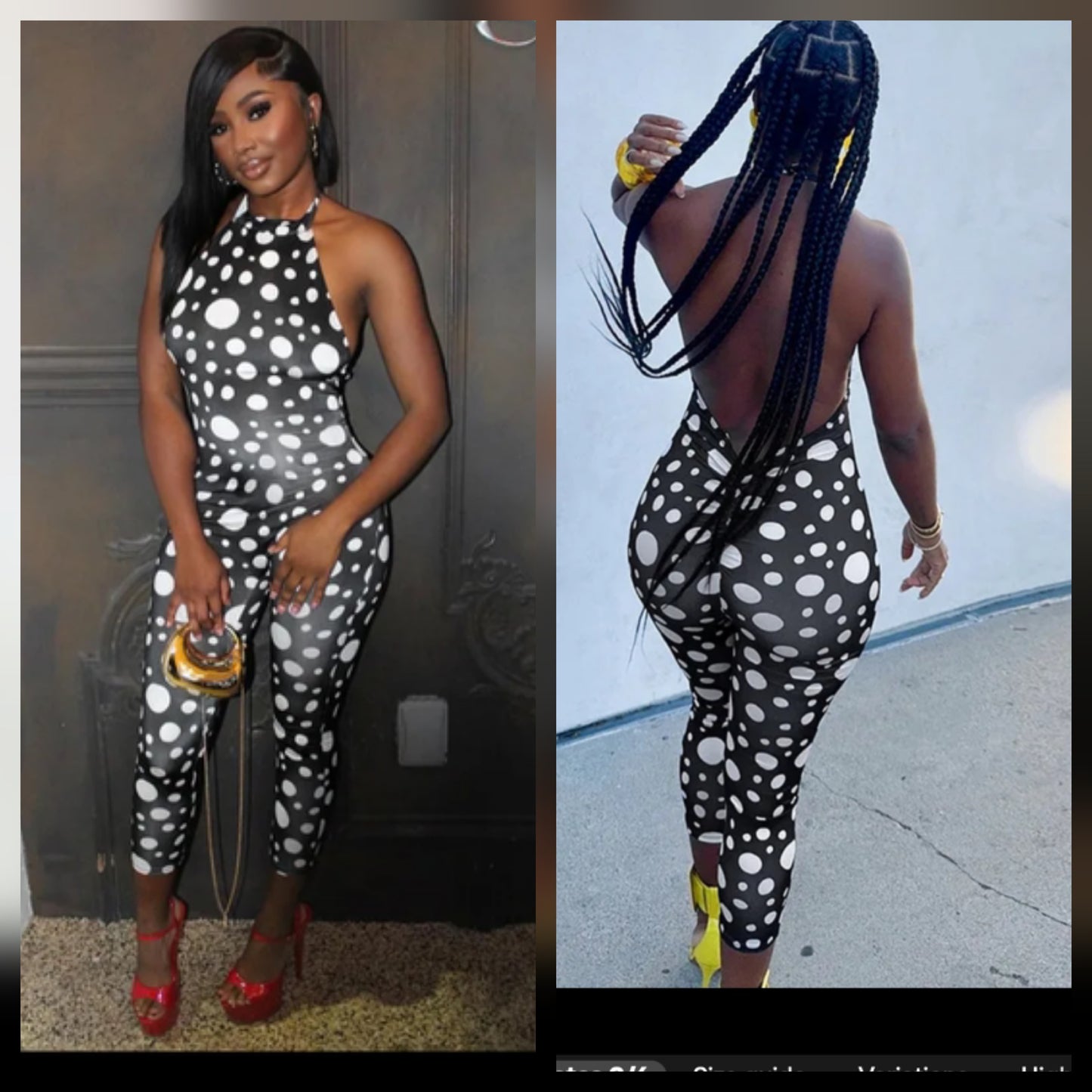 Model showcasing a stylish POLKA DOT Jumpsuit from both front and back views, highlighting its trendy design.