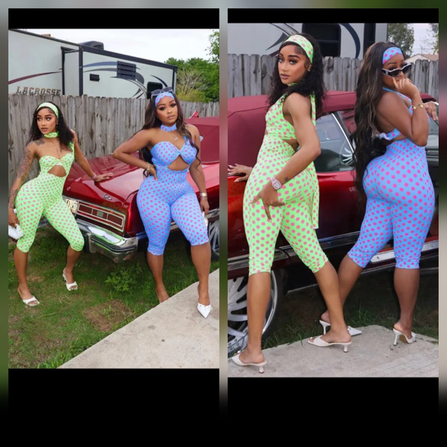 Two models wearing colorful polka dot jumpsuits posing by a vintage car, showcasing trendy polka dot jumpsuit styles.