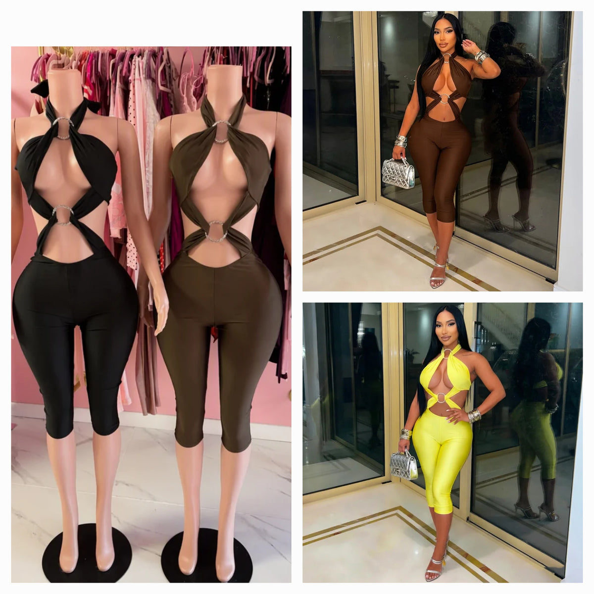 Silver Ring Detail Open Neckline Jumpsuit