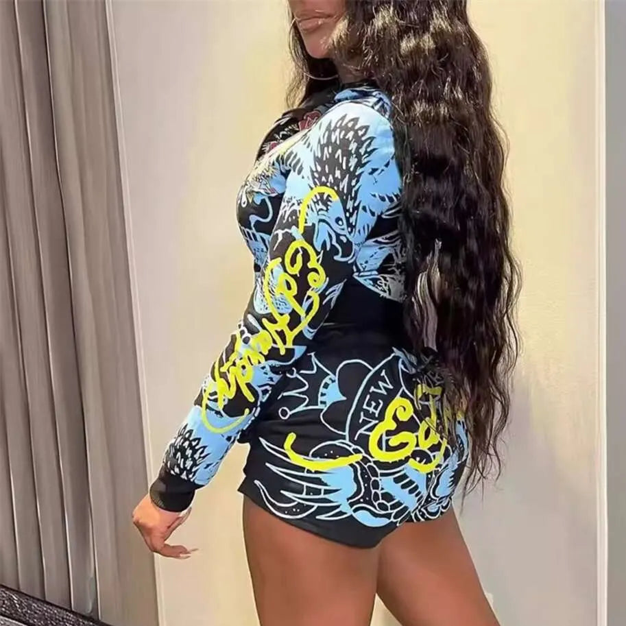 Chill Set- Graphic Print long sleeve hoodie 2 pc Short Set