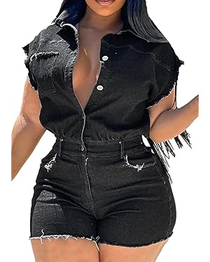 Denim Black Raw Hem Romper