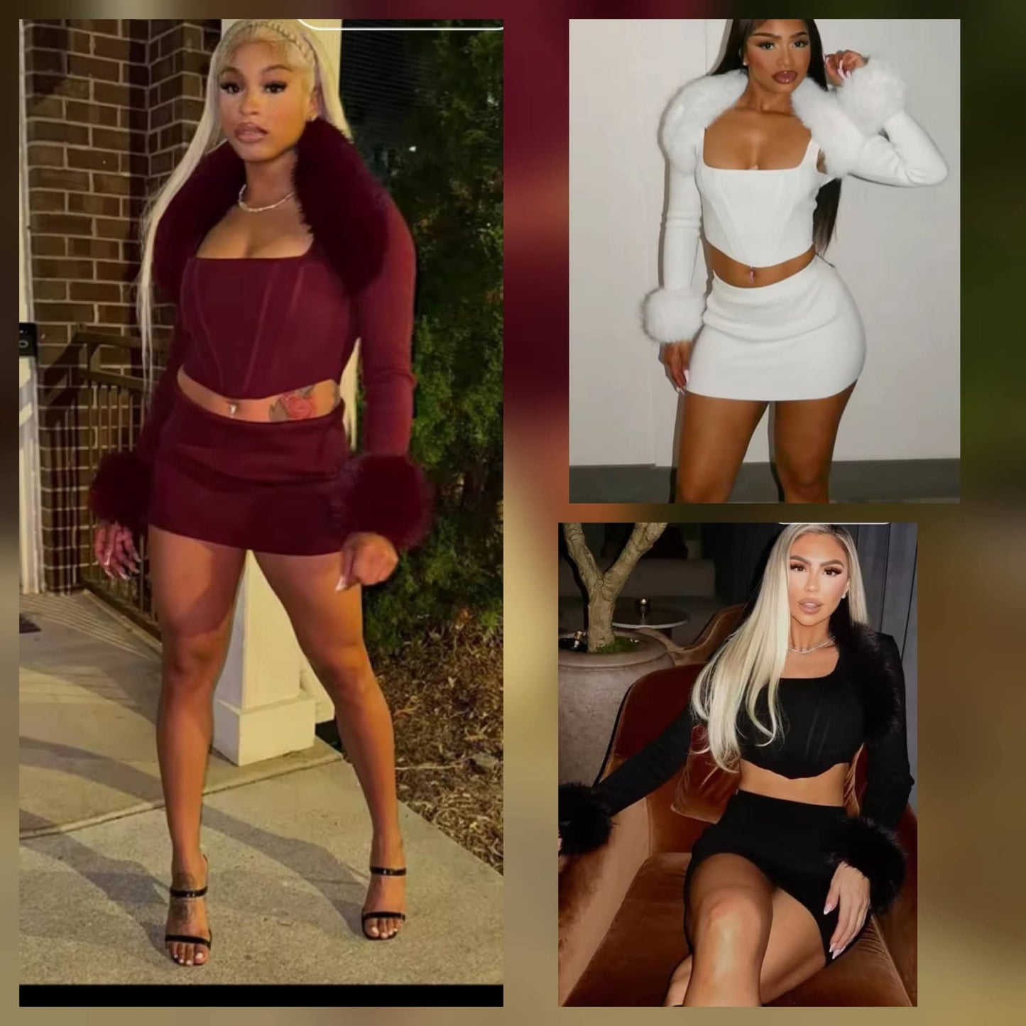 3pc Skirt Set Fur Sleeve