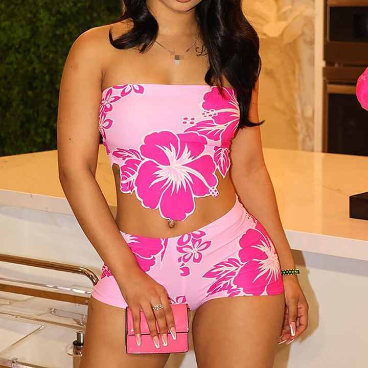 2PC Floral Tube Top Short Set Colors: Pink or Brown