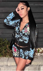 Chill Set- Graphic Print long sleeve hoodie 2 pc Short Set