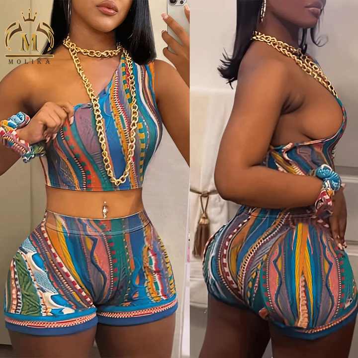 Multi color Short Set One Shoulder