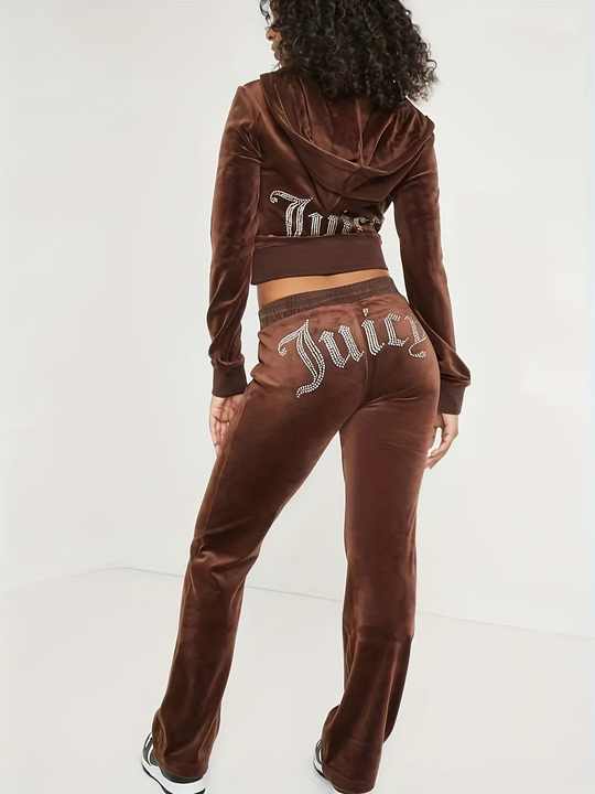 2PC Rhinestone Embellished Velour Pant Set