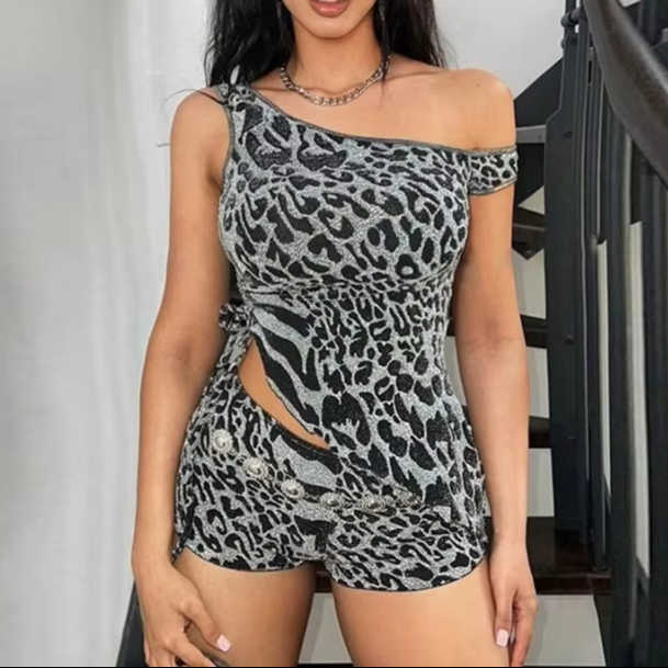 Off Shoulder animal print short set