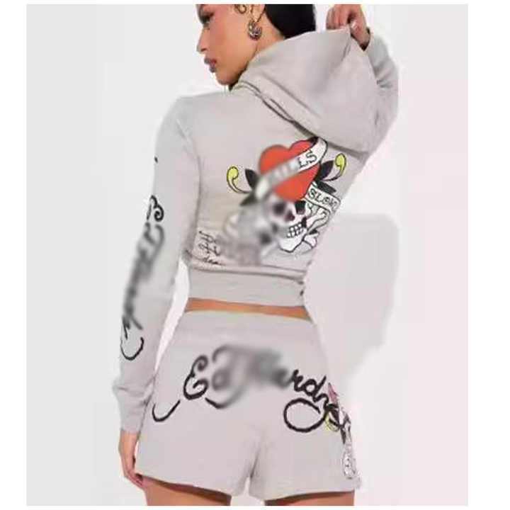 Chill Set Skull Print Zipper Hoodie with Drawstring Matching Shorts Set