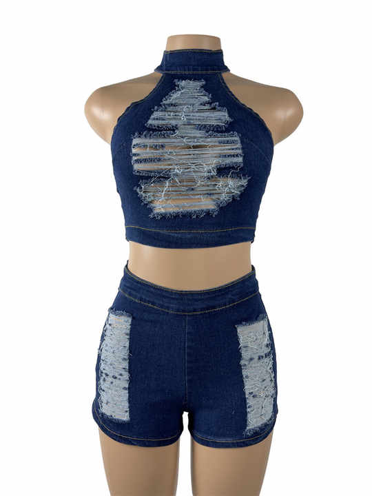 2PC Short Set Distressed Denim