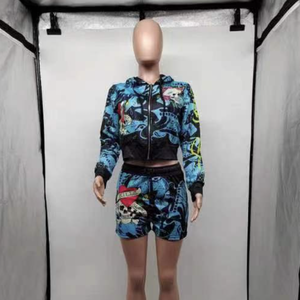 Chill Set- Graphic Print long sleeve hoodie 2 pc Short Set