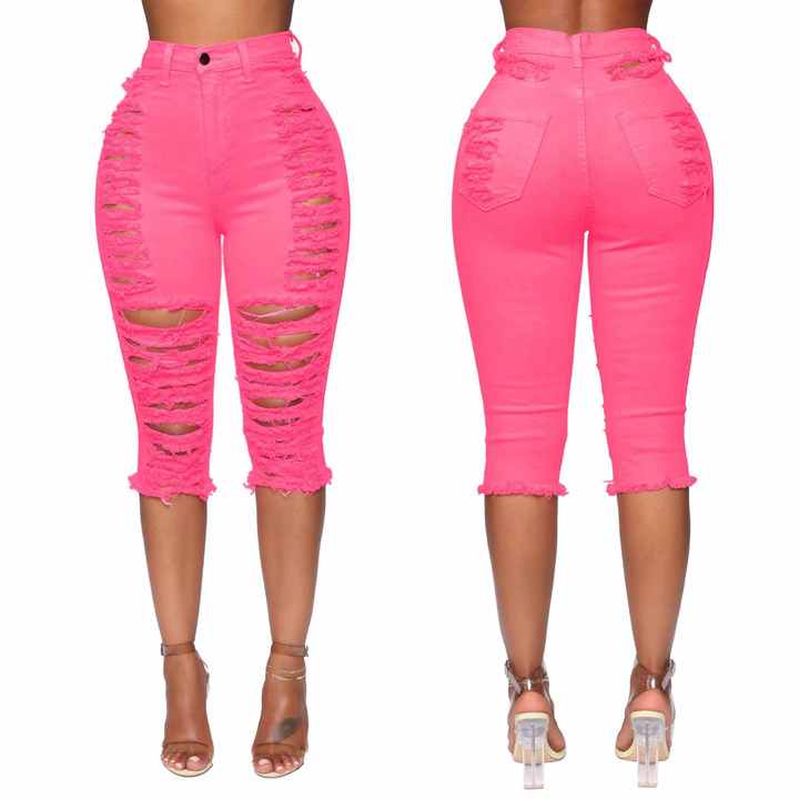 Women's Hot Pink Distressed Capri Jeans