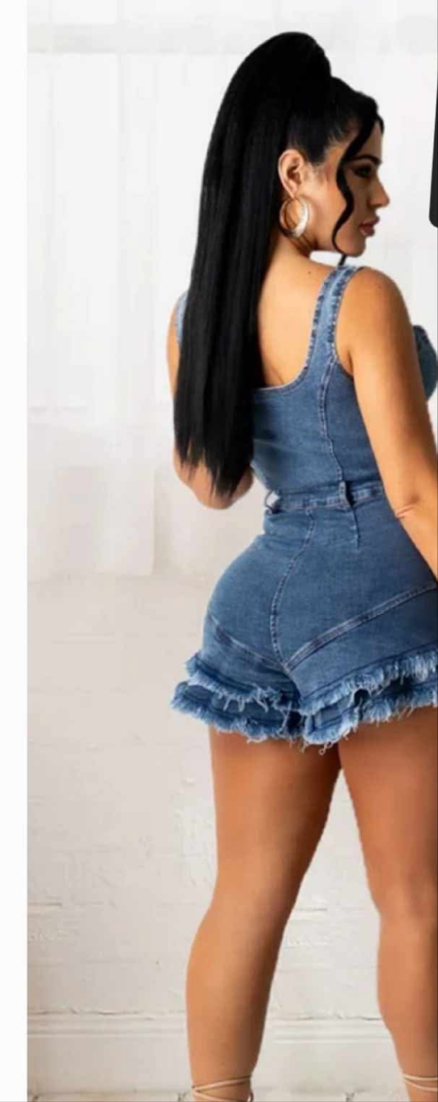 Sleeveless, ruffle denim romper
