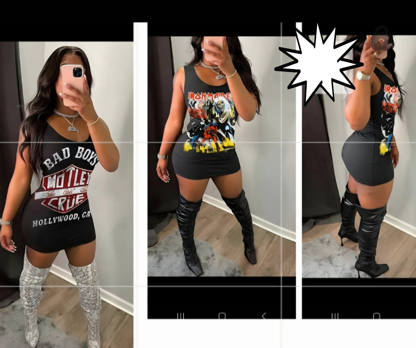 Stylish woman wearing a comic print dress with tall black boots, showcasing a trendy look and confidence.
