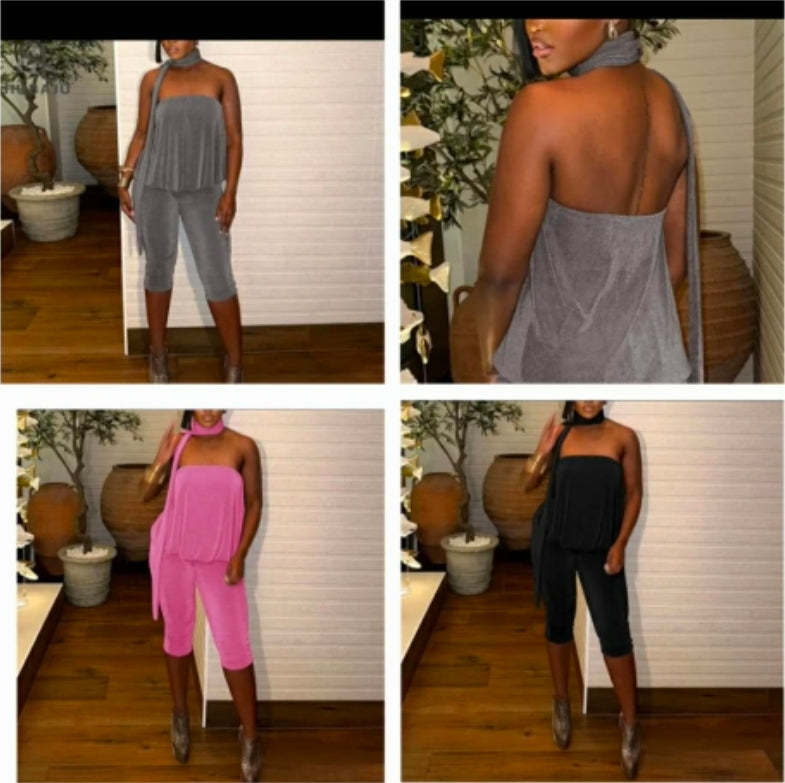 Various styles of tube top jumpsuit displayed on a model, showcasing grey, black, and pink options.