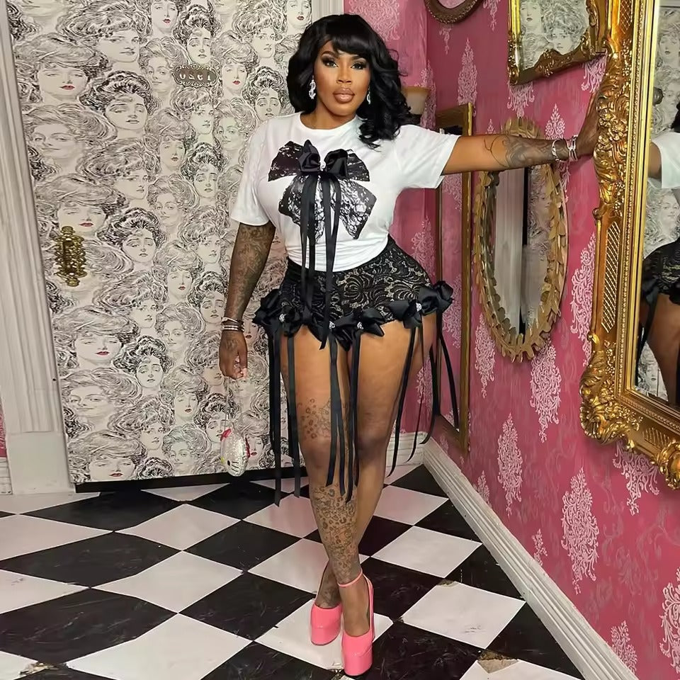Lace Bow Skirt Set - Black.Yellow and Pink