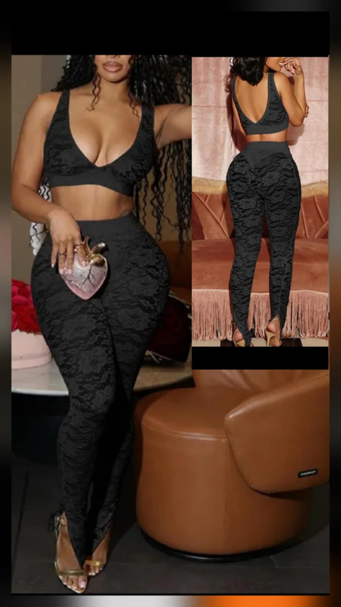 Lace Bralette Pant set - Pink or Black