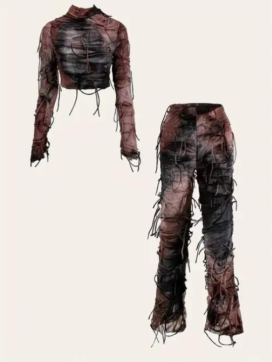 Ombre Zombie Pant Set featuring a cropped top and matching pants with a unique shredded design.