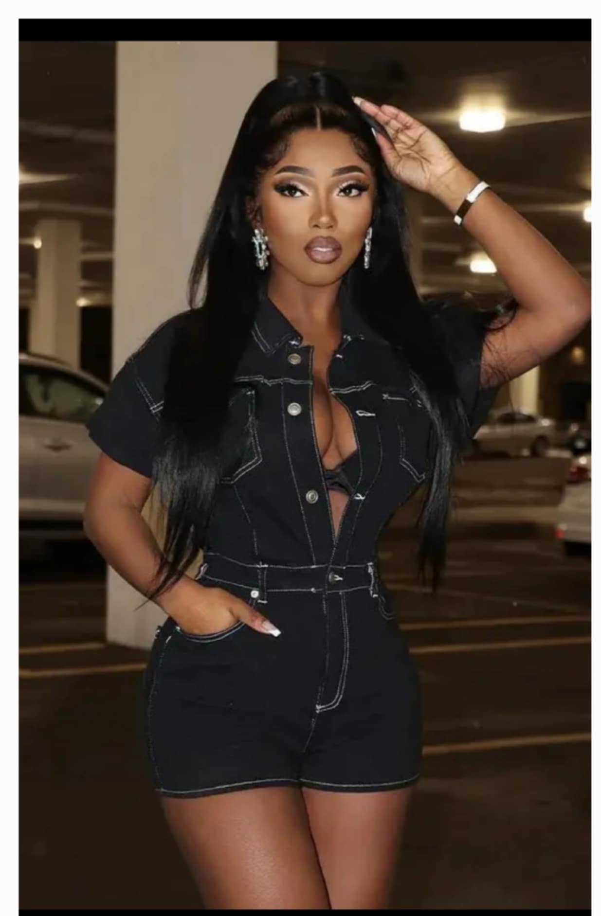 Black Denim Romper Detailed Stitching