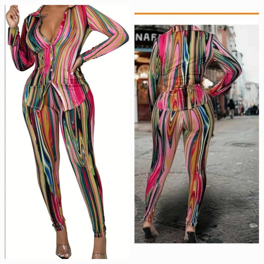Multi Color Long Sleeve Button To  Pant Set