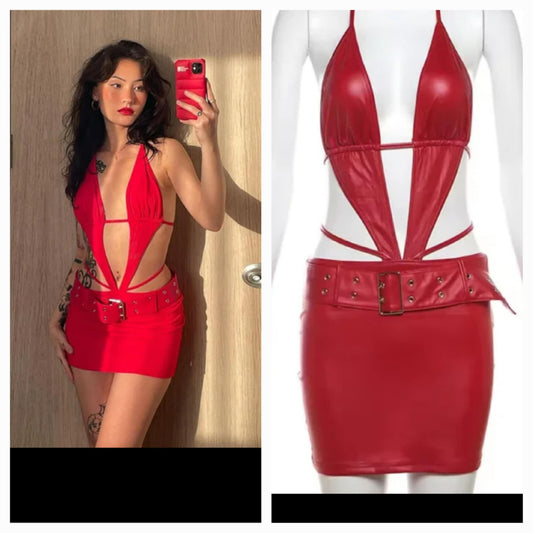 Plunge Neckline Faux Leather Dress