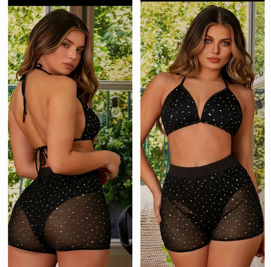 Rhinestone Bralette top Short Set