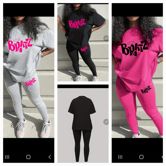 Graphic Chill Set featuring stylish tops and leggings in various colors and designs.