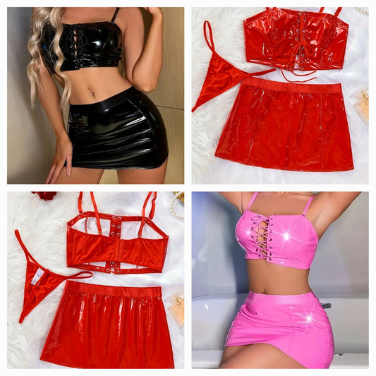 Latex Faux Leather Skirt Set