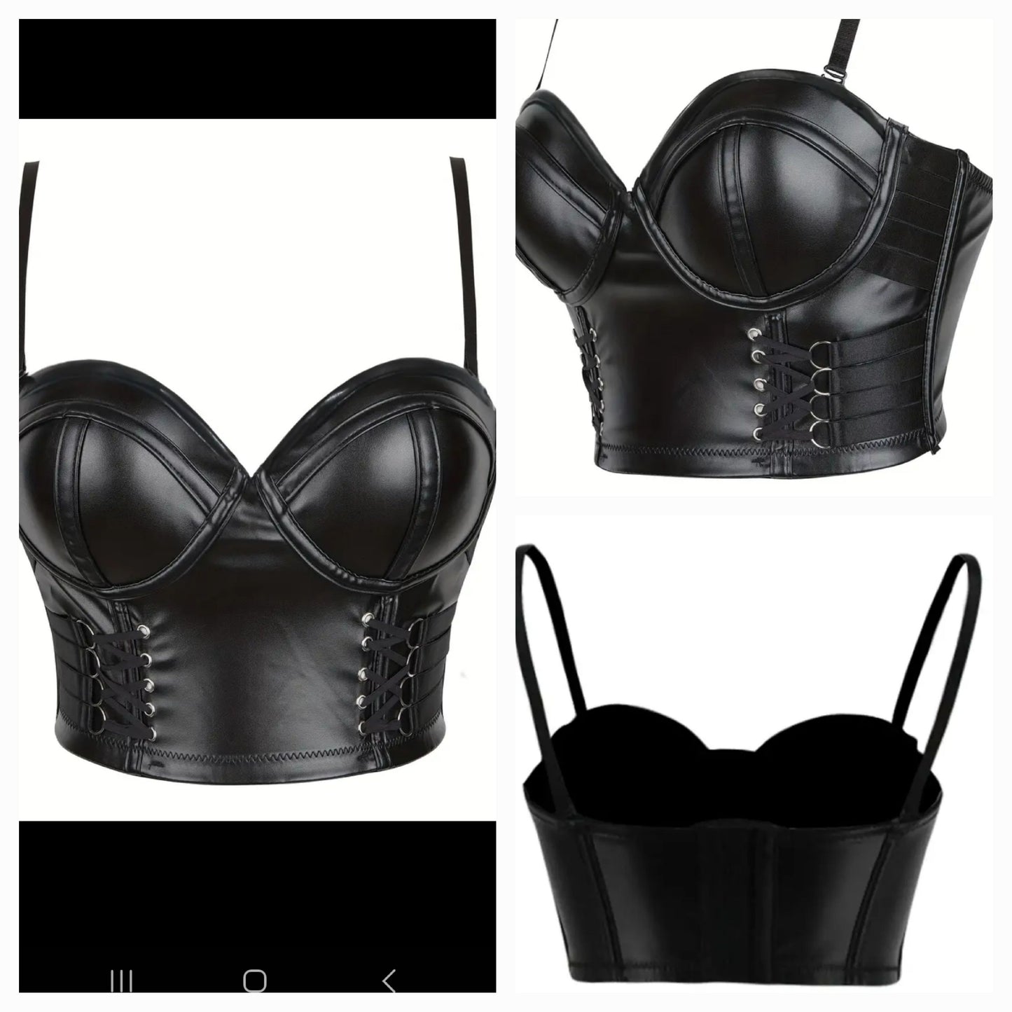 Silver Ring Bustier Faux Black Leather