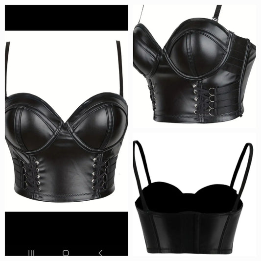 Silver Ring Bustier Faux Black Leather