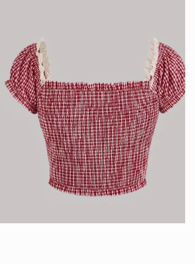 Plaid Red Crop Top Cream Trim