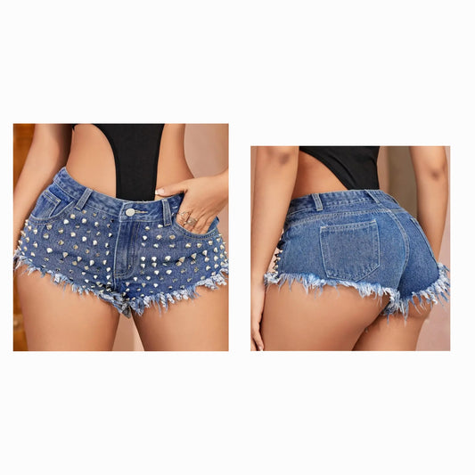 Denim Spiked Mini Shorts
