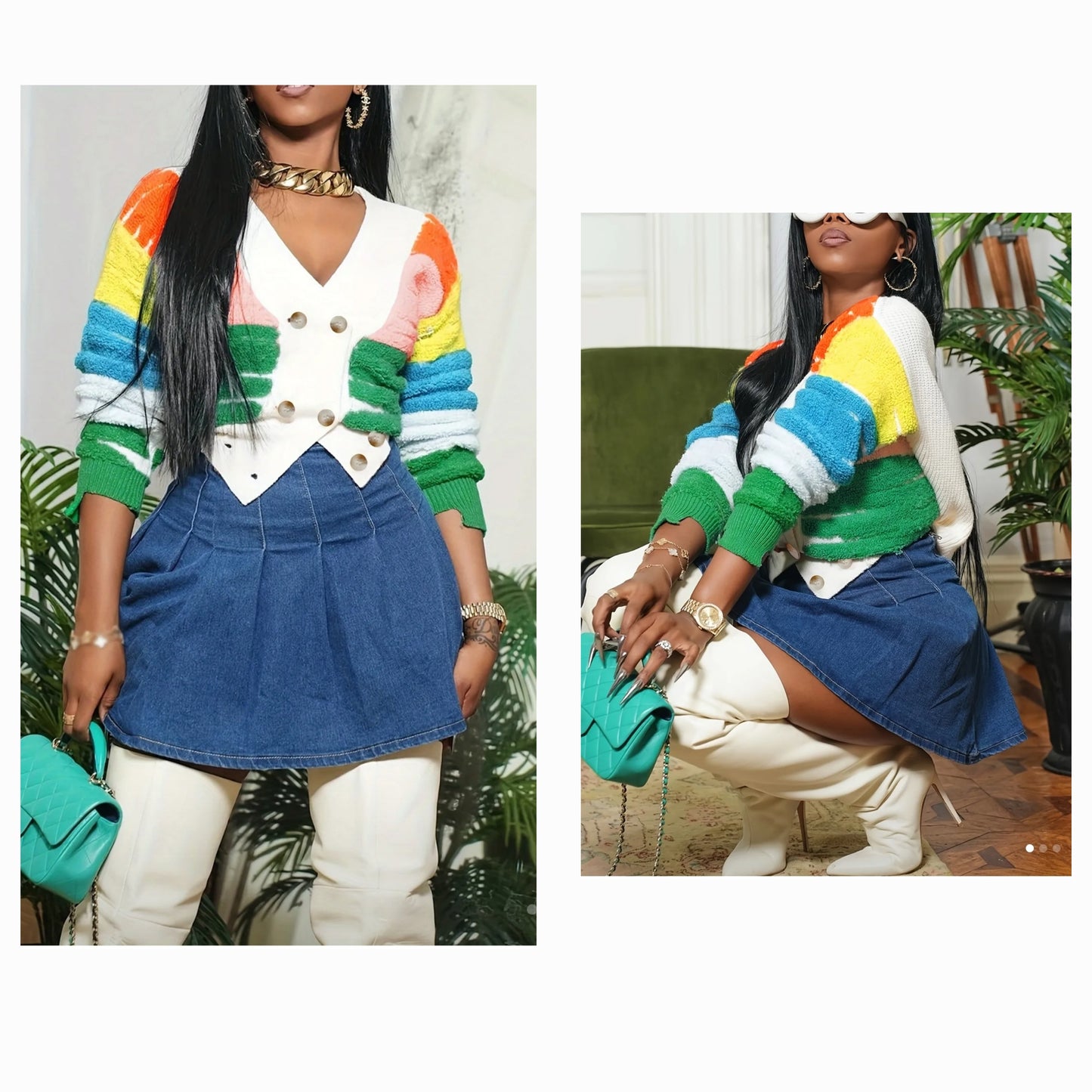 Colorful knit sweater featuring vibrant stripes paired with a stylish denim skirt.